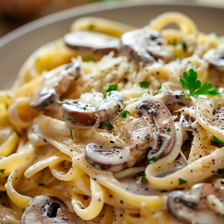 Close-up of creamy garlic mushroom pasta with garnishes.