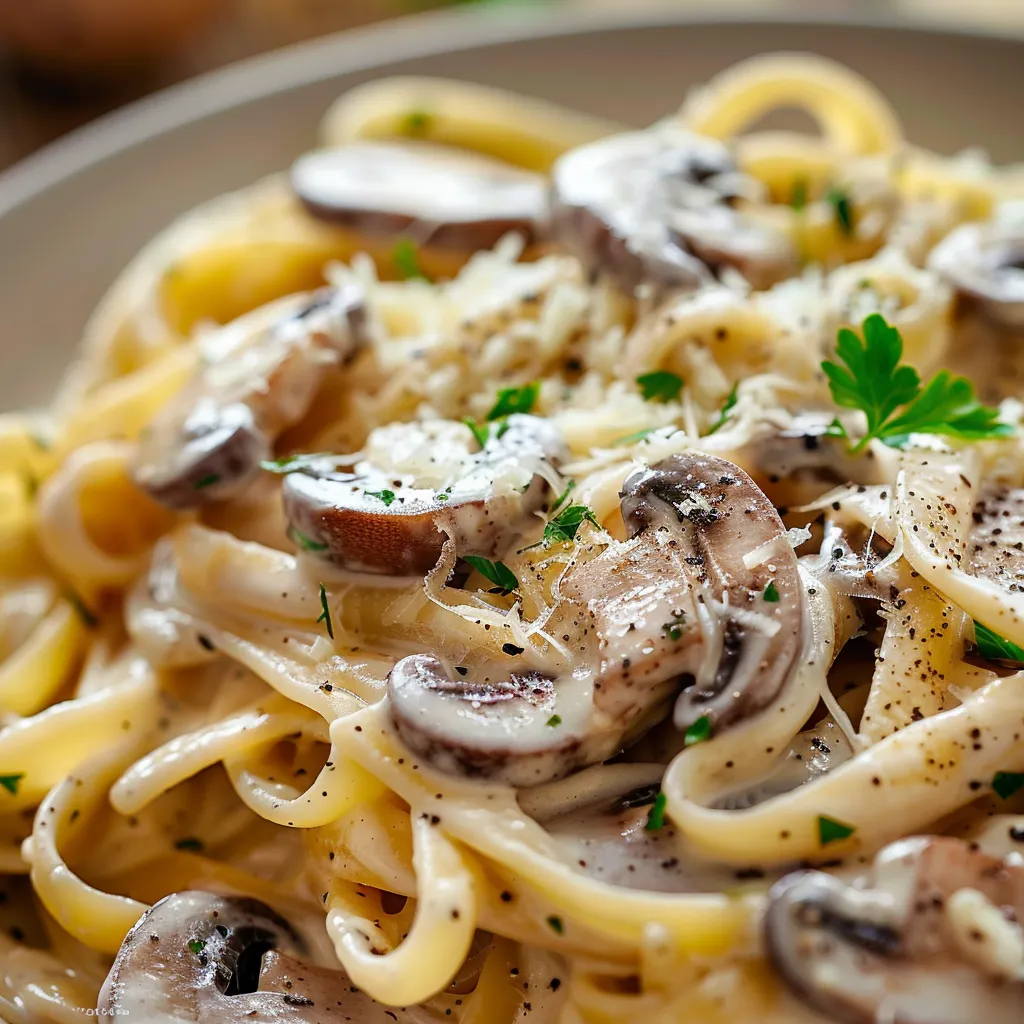 Close-up of creamy garlic mushroom pasta with garnishes.