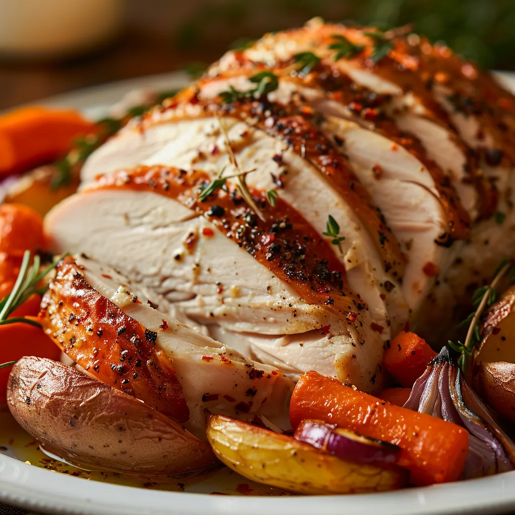 Juicy roast turkey breast with colorful roasted vegetables on a plate.