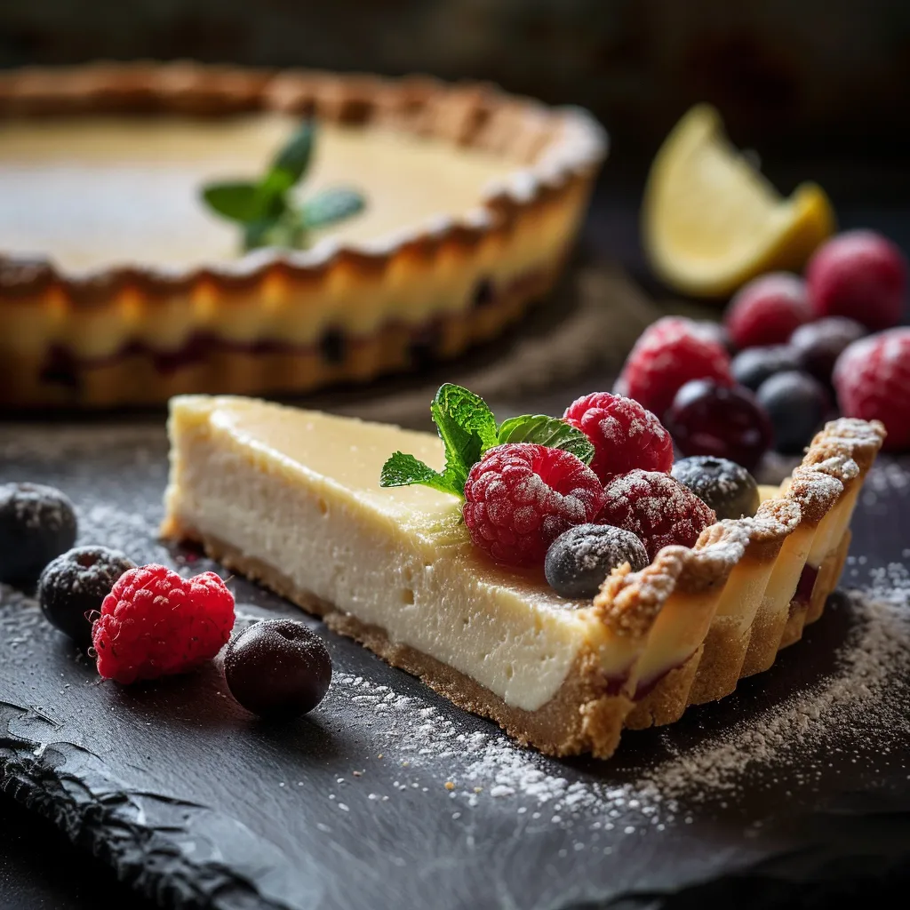 Close-up of a ricotta and cream cheese tart with lemon zest, displayed on a plate with a blurred cozy background.