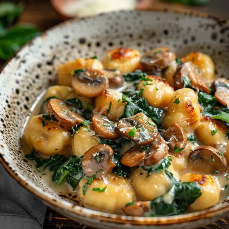 Close-up of creamy spinach and mushroom gnocchi on a plate with a garlic and smoked paprika sauce.