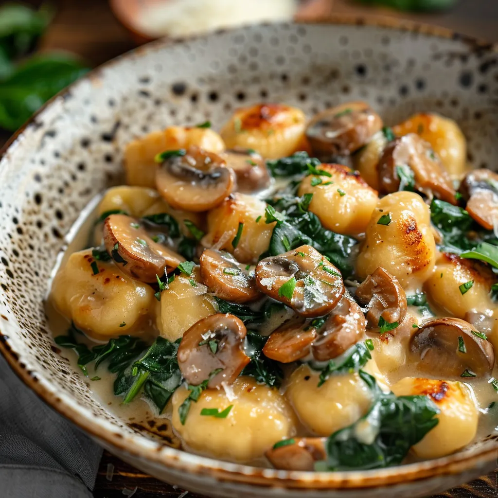 Close-up of creamy spinach and mushroom gnocchi on a plate with a garlic and smoked paprika sauce.