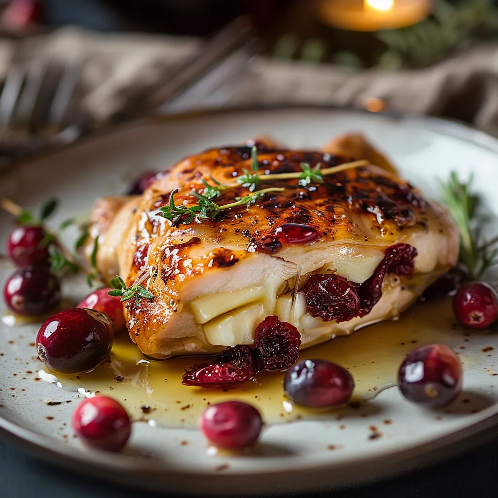 Close-up of a stuffed chicken breast with cranberries and melted Brie, garnished with herbs.