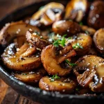 Close-up of roasted mushrooms glistening with soy sauce and honey, illuminated by warm natural light.