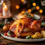Juicy roast turkey with sides on a festive table under warm lighting.