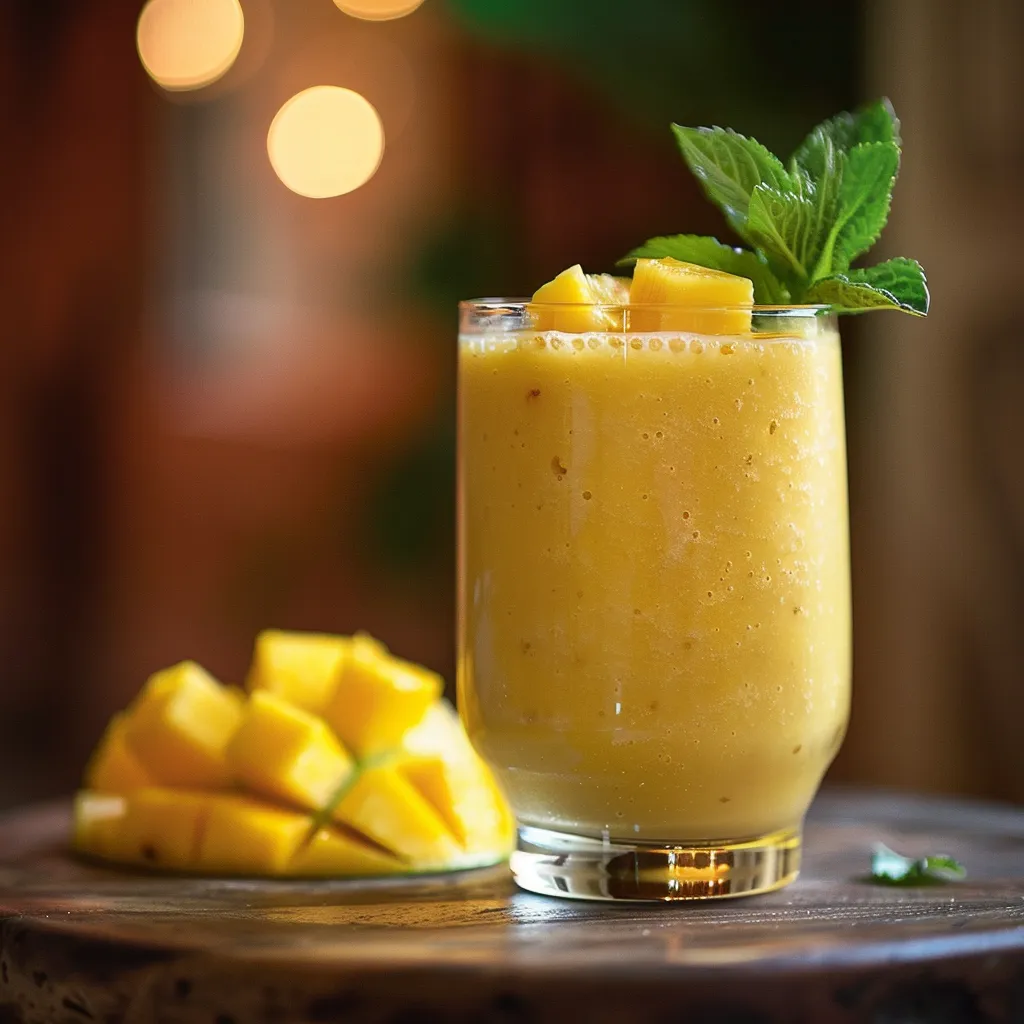 Eye-level shot of a creamy pineapple mango kefir smoothie with detailed textures and a blurred background.