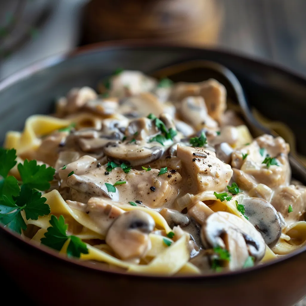Eye-level shot of Slow Cooker Chicken Stroganoff with chicken, mushrooms, and parsley on a rustic plate.