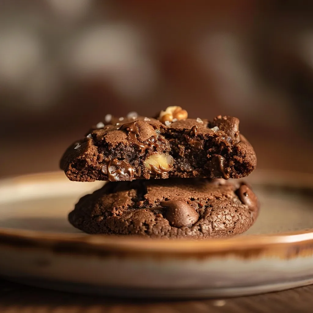 Eye-level shot of a soft, chocolate chip and walnut cookie with textured surface and warm lighting.