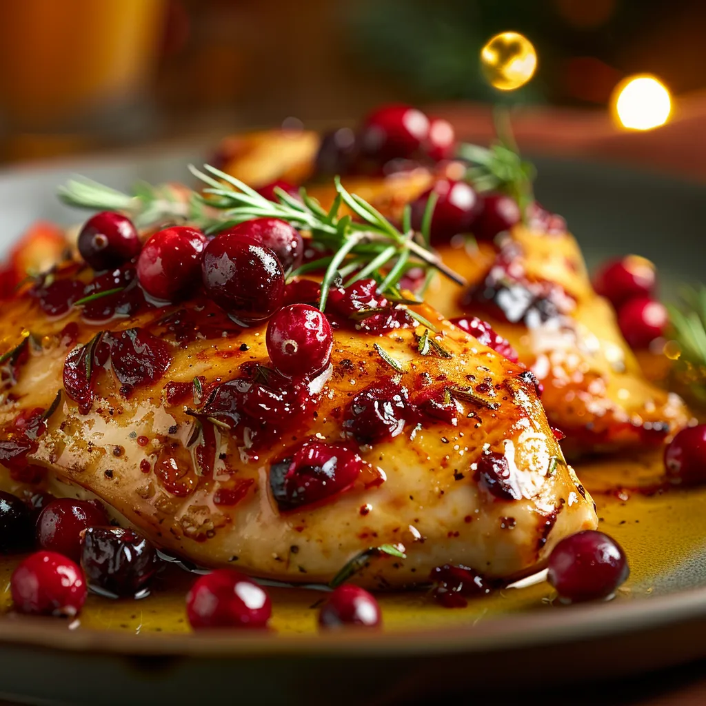 Close-up of tender chicken with a glossy cranberry-orange glaze, garnished with fresh cranberries.