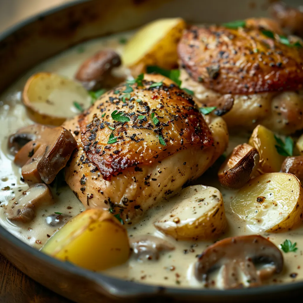 Detailed view of a succulent chicken dish featuring herbs, mushrooms, potatoes, and a rich white sauce.