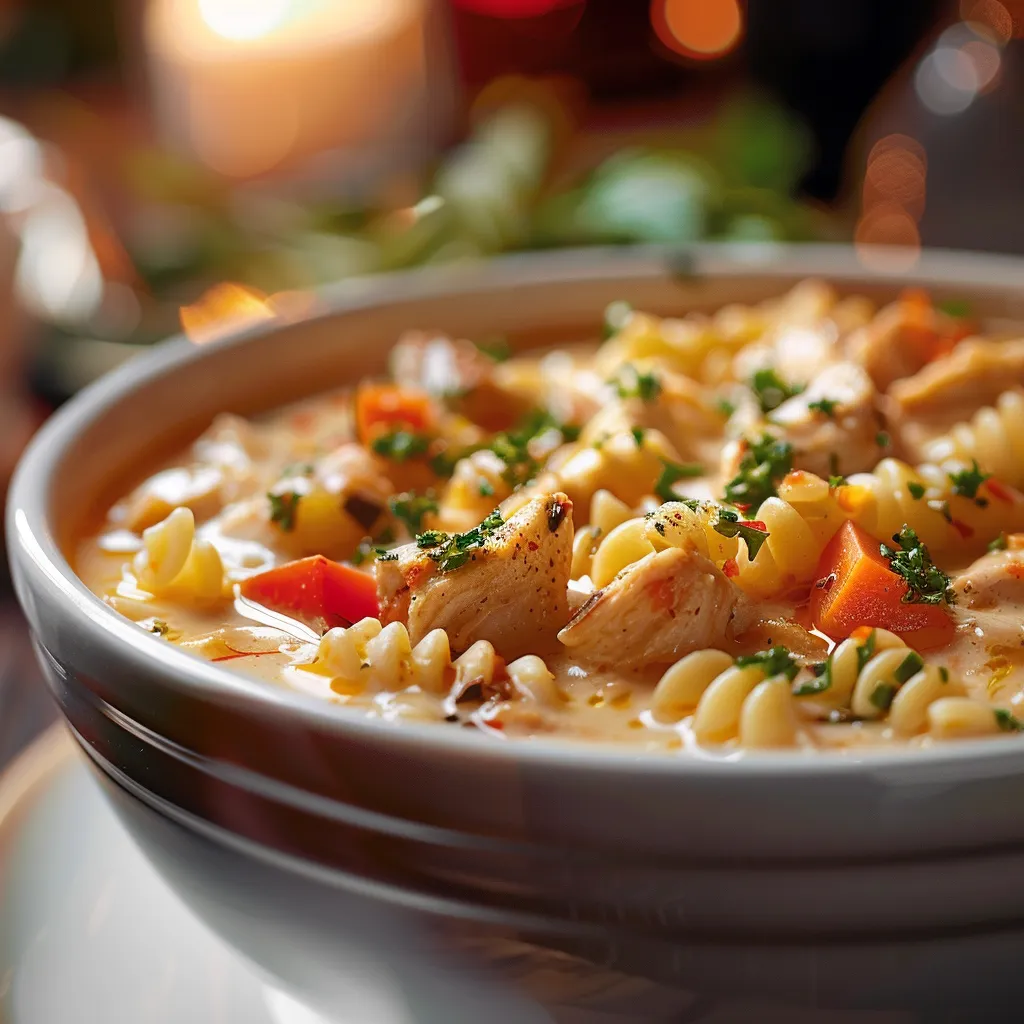 Close-up of a rich, creamy Cajun chicken pasta soup with steam and garnishes.