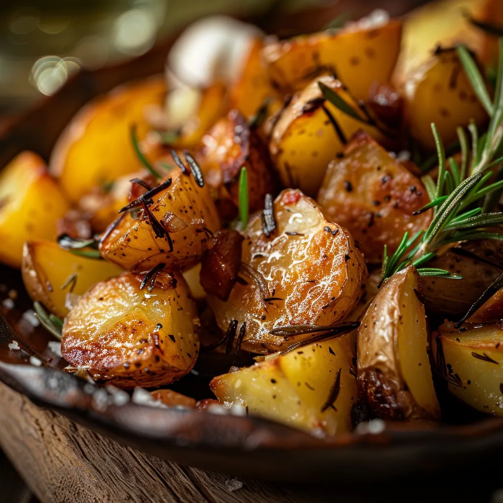 Side view of roasted potatoes with a crispy exterior, fresh rosemary, and minced garlic.