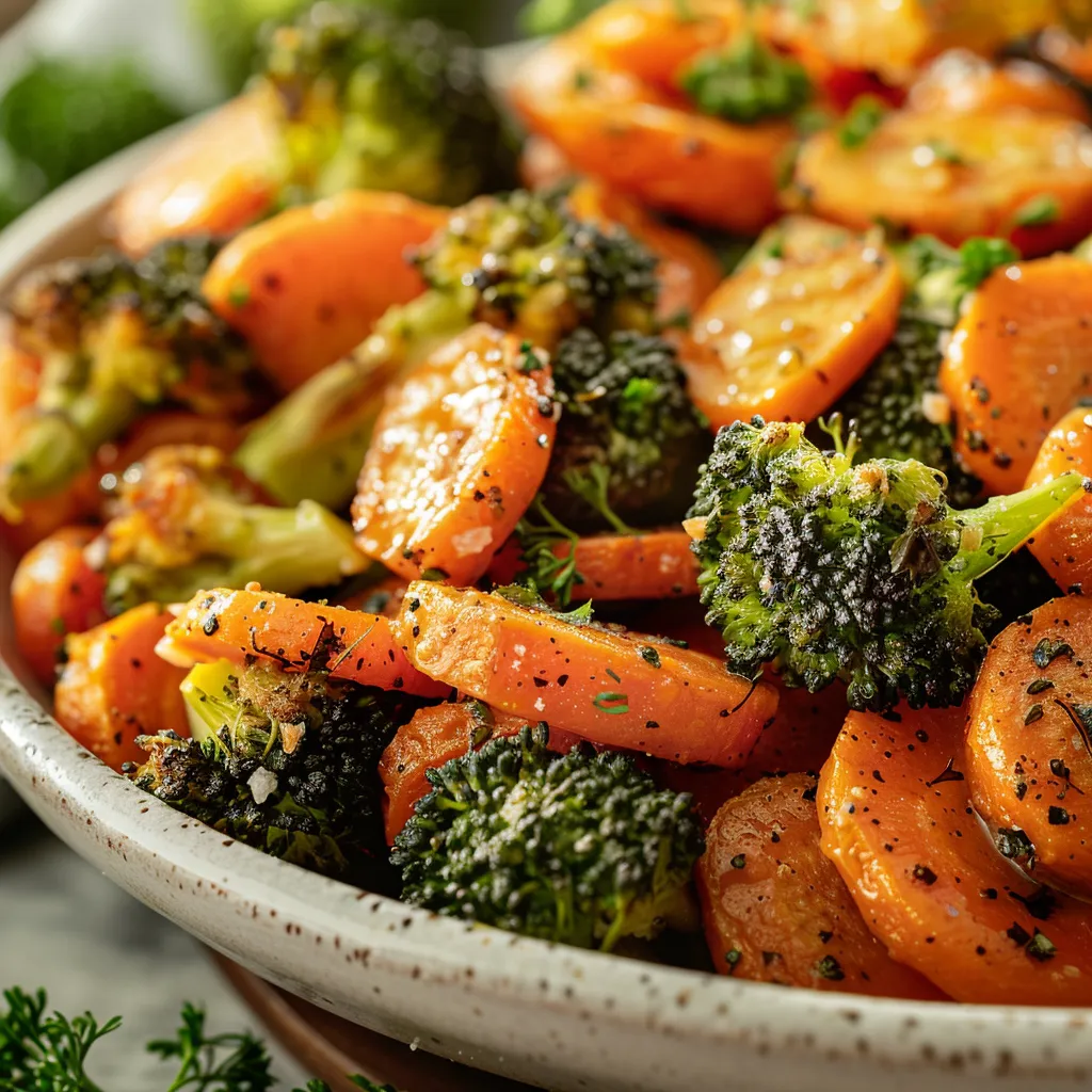 Image of seasoned roasted broccoli florets and sliced carrots under natural light, with a blurred background.
