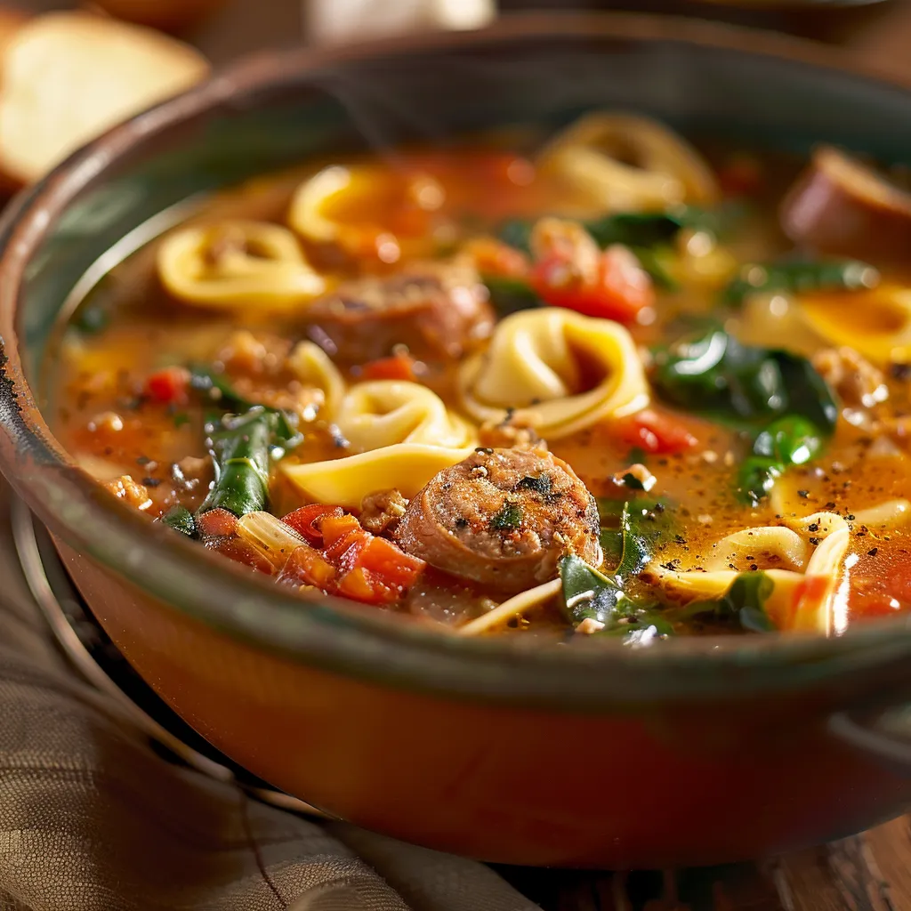 Close-up of hearty Autumn Soup featuring sausage, tortellini, and fresh spinach.