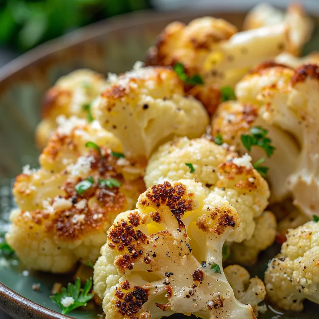 Eye-level shot of garlic Parmesan roasted cauliflower on a plate.