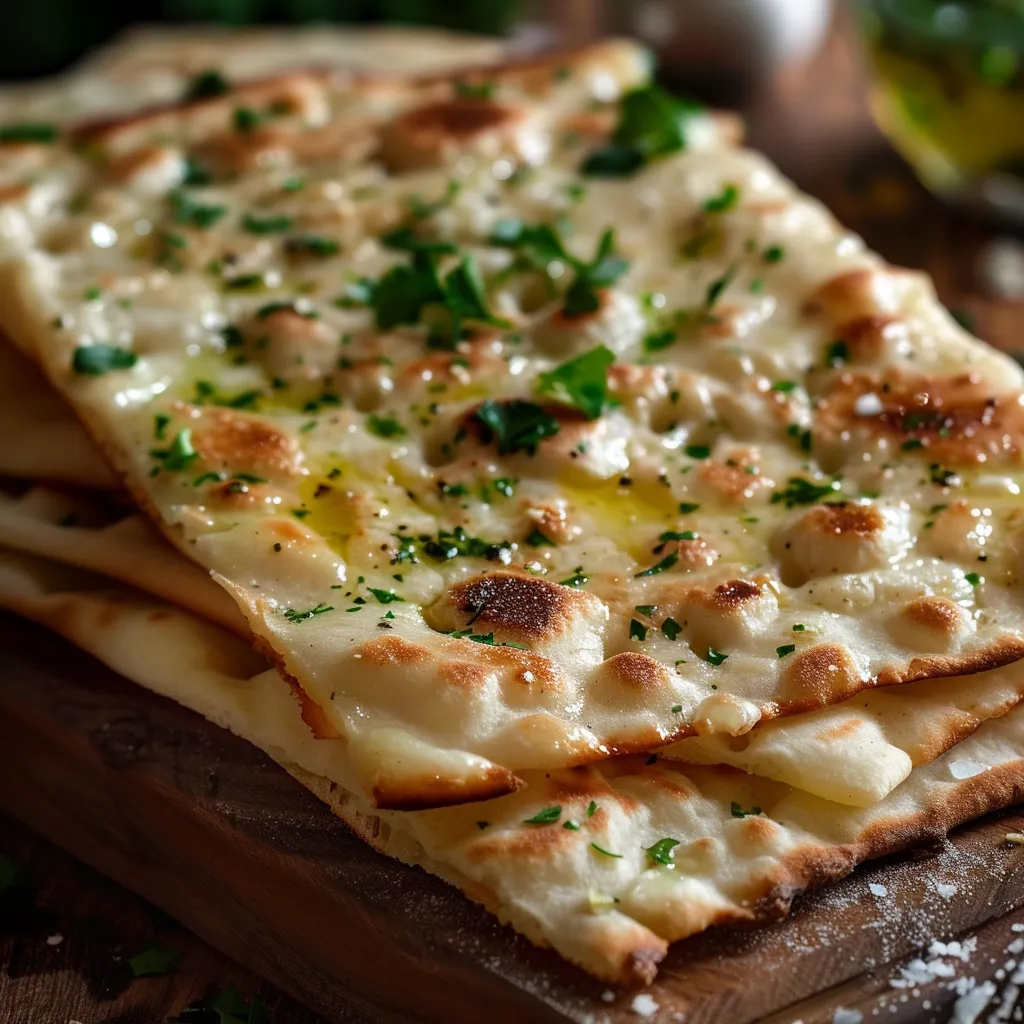 Eye-level shot of freshly baked cottage cheese flatbreads with textured surface and warm lighting.