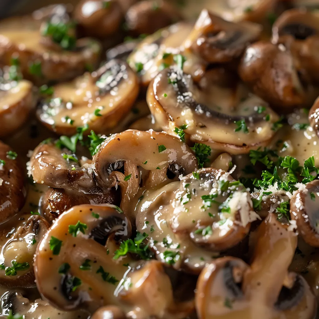 Close-up of savory garlic parmesan mushrooms with a rich, creamy sauce and fresh parsley garnish.