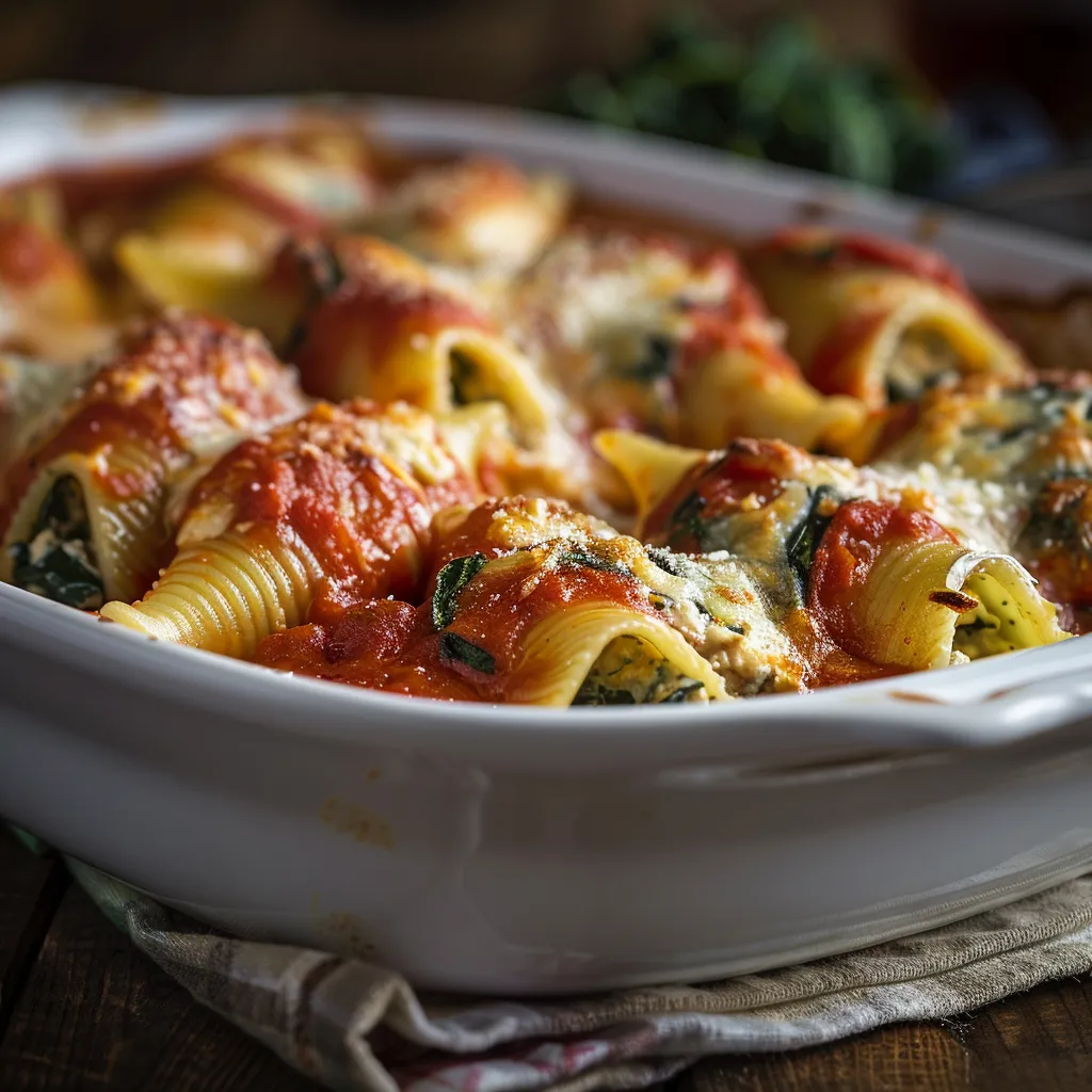 Eye-level shot of stuffed shells with spinach, ricotta, and cheese in a cozy setting.