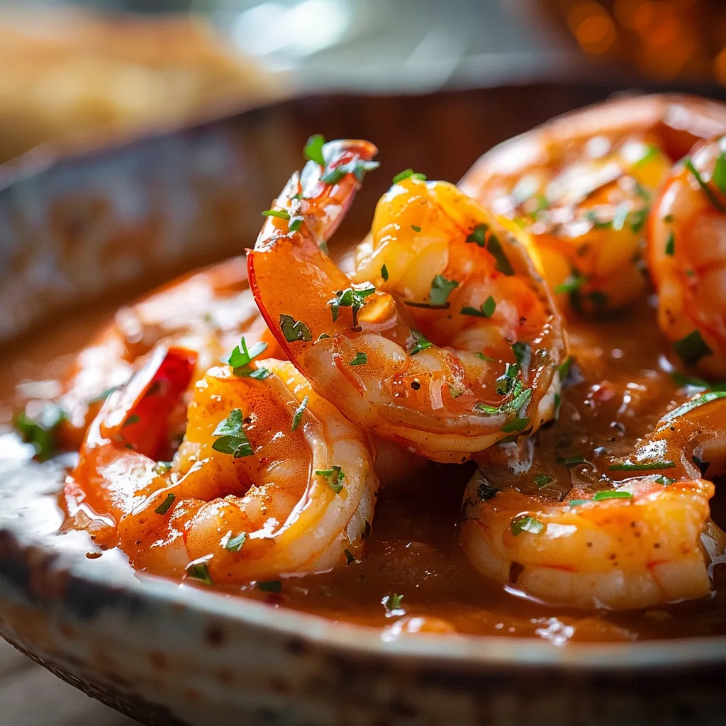 Close-up of succulent shrimp with a flavorful lobster sauce glaze.