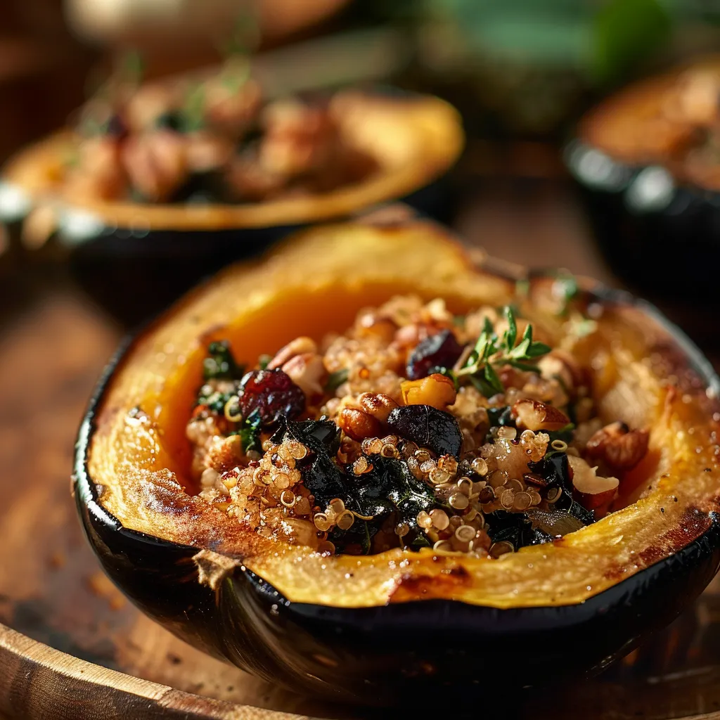Eye-level shot of vegan stuffed acorn squash topped with chopped nuts and dried fruit, with a blurred cozy background.
