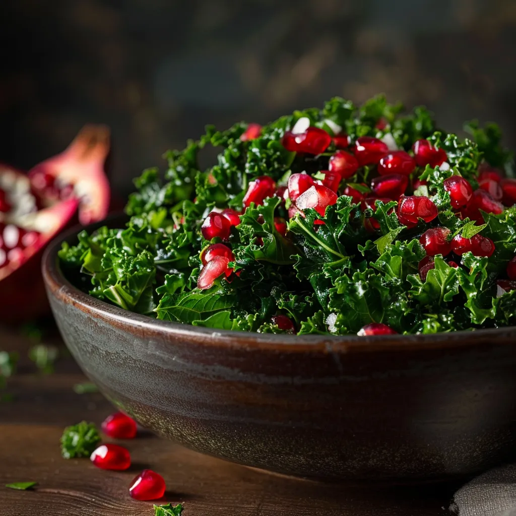 Eye-level shot of a colorful kale and pomegranate salad with detailed textures.