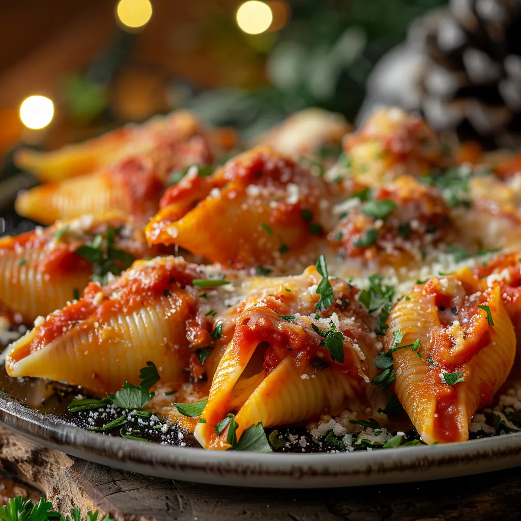 Delicious stuffed shells with melted cheese and marinara sauce, shot at eye level.
