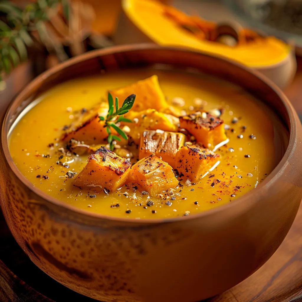 Eye-level shot of a steaming bowl of spiced roasted pumpkin soup with soft lighting.