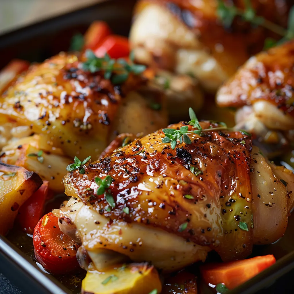 Close-up of crispy roasted chicken with garlic and vibrant vegetables in warm natural light.