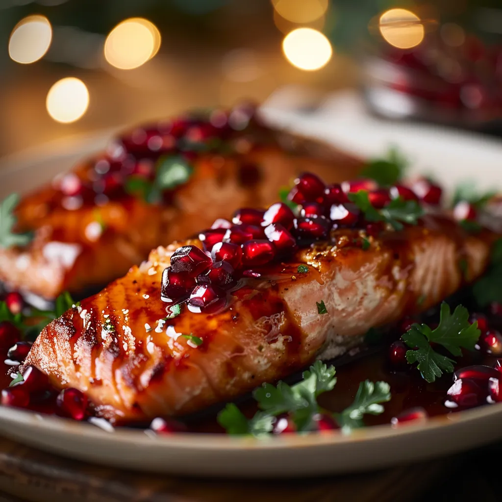 Eye-level shot of a gourmet Christmas salmon dish garnished with fresh parsley and pomegranate.