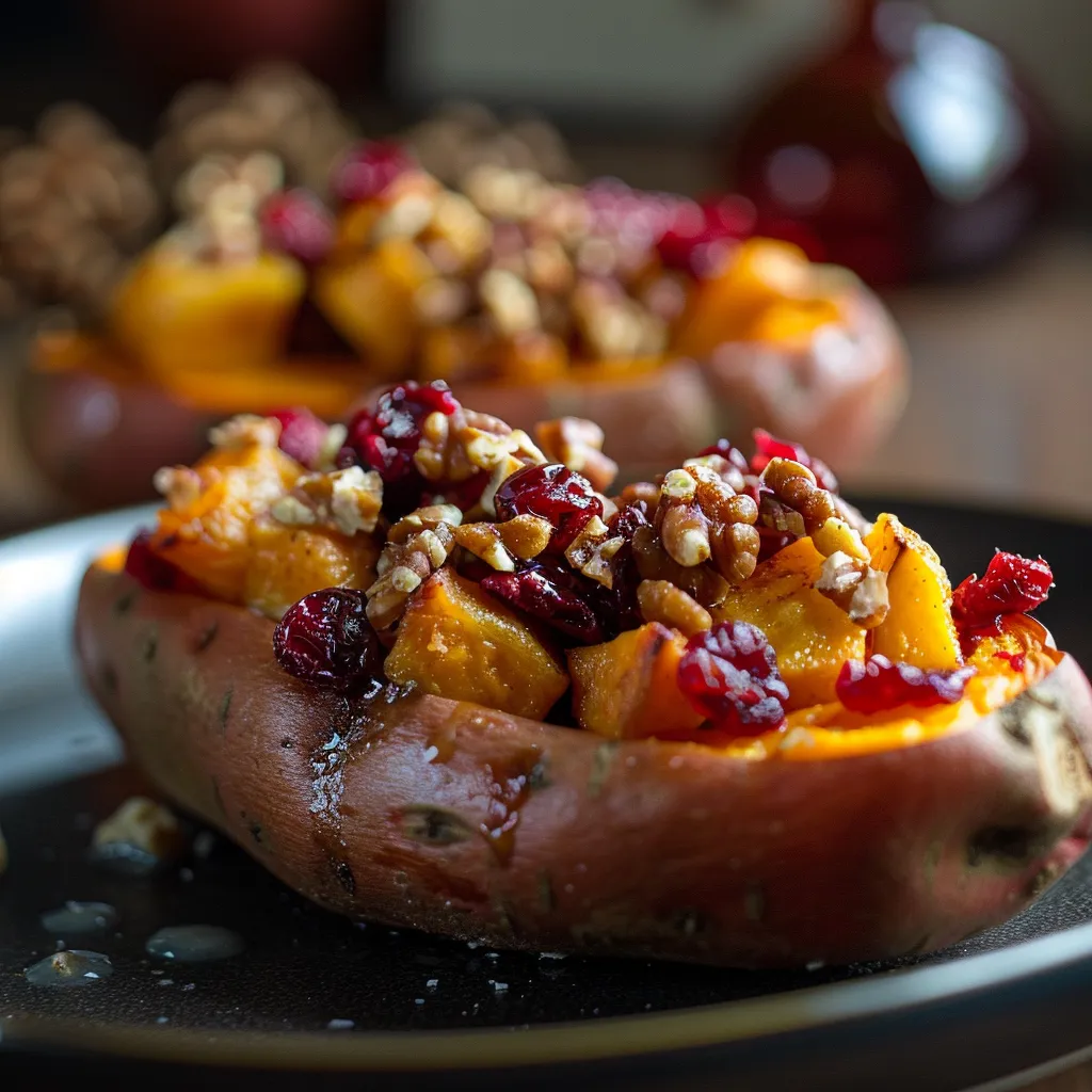 Image of a cozy dish featuring twice-baked sweet potatoes with cranberries and diced apples, with soft shadows.
