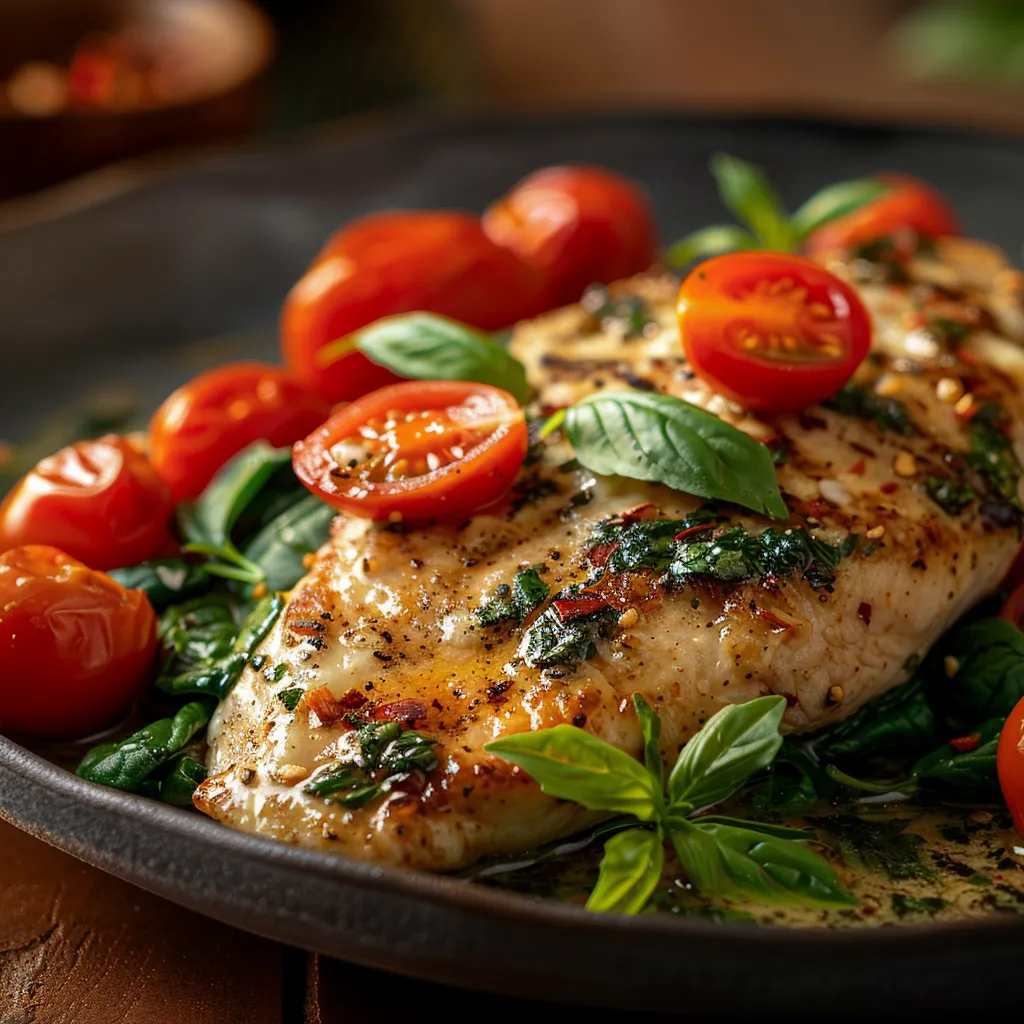 Detailed shot of a flavorful dinner plate featuring grilled chicken, fresh vegetables, and cheese.