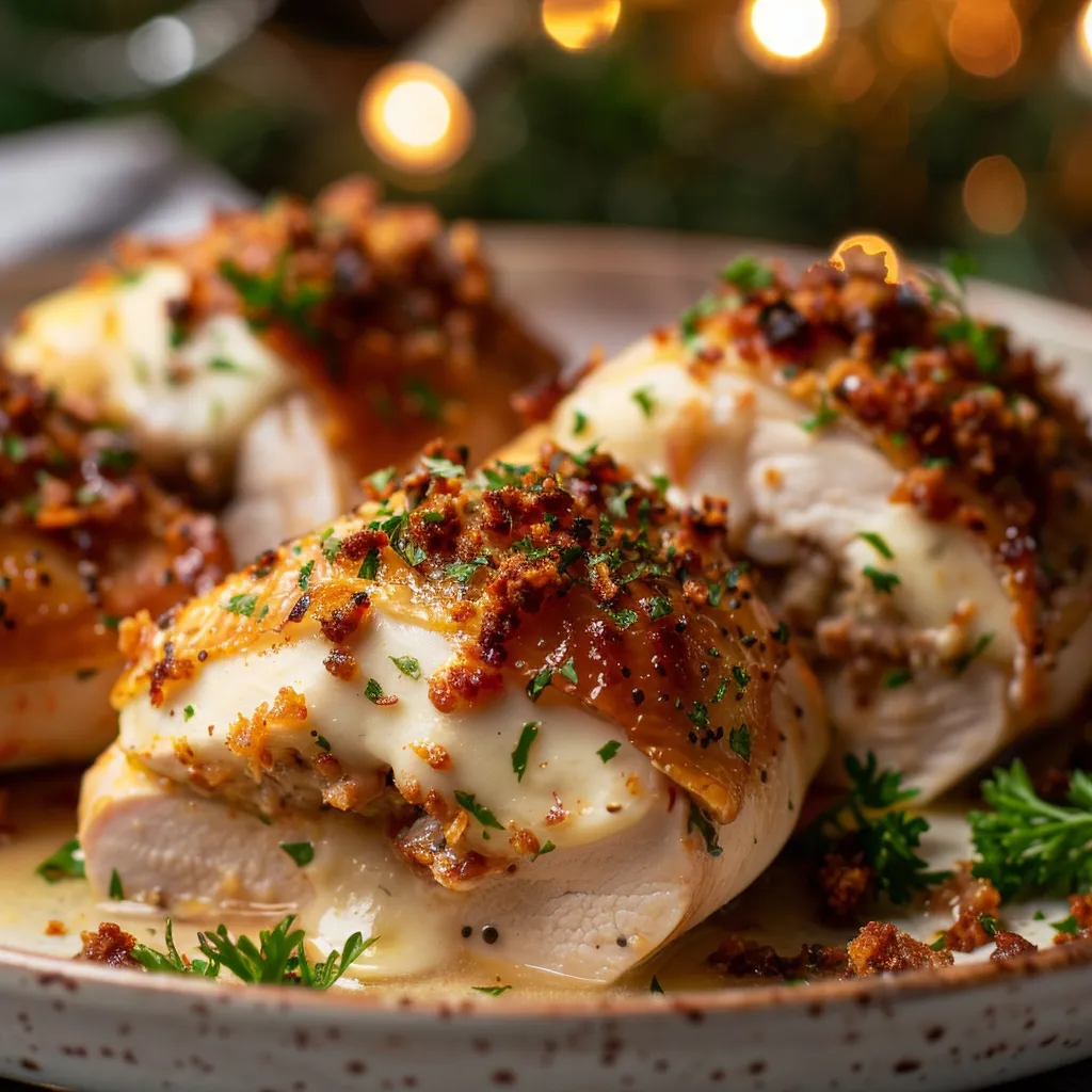 Close-up of a golden-brown chicken breast filled and garnished with fresh parsley.