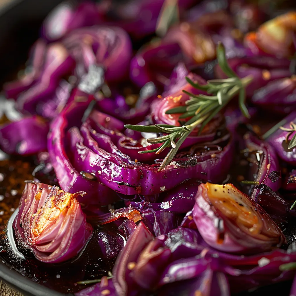 Eye-level shot of seasoned roasted red cabbage with soft natural lighting emphasizing the texture and shadows.