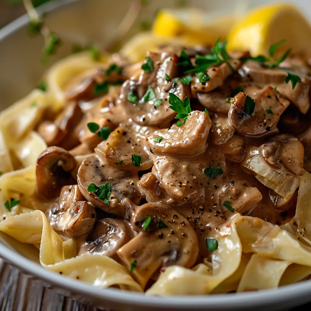 Eye-level shot of savory mushroom and seitan stew with noodles, garnished with parsley.