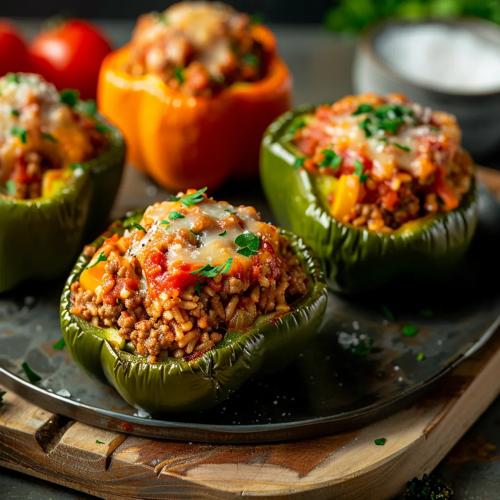 Image of colorful bell peppers halved and filled with seasoned ground turkey, rice, and vegetables.