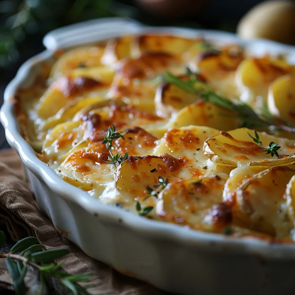 Close-up of creamy scalloped potatoes with golden cheese topping.