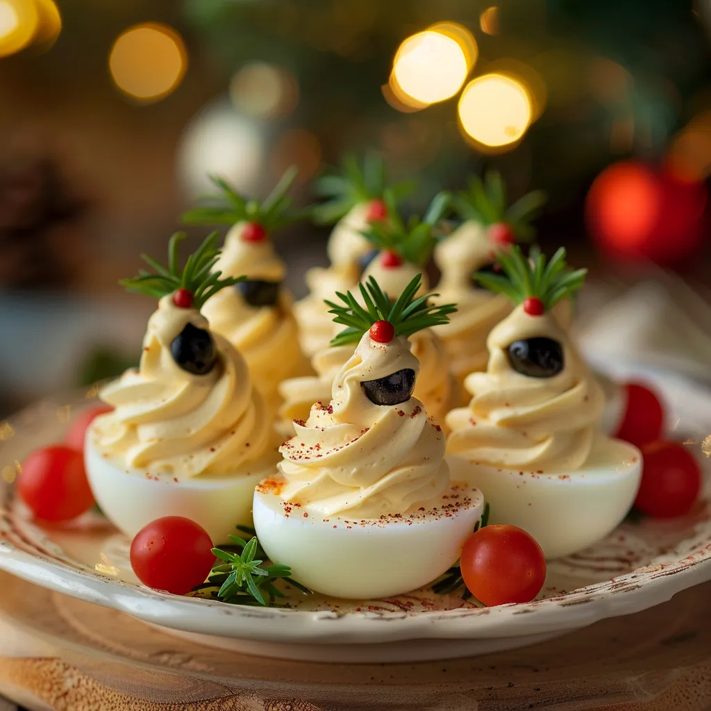 Eye-level shot of a holiday-themed deviled eggs arrangement resembling a Christmas tree.