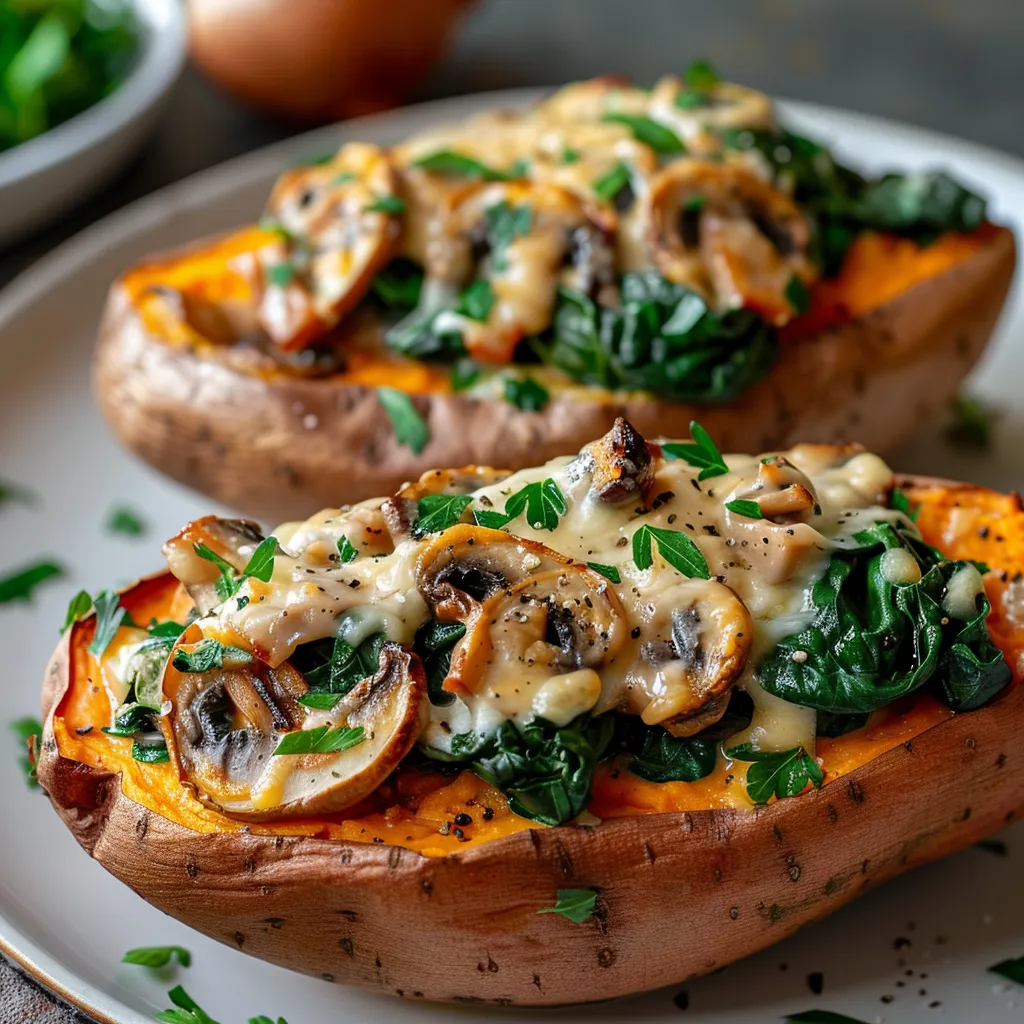Top-down view of stuffed sweet potatoes garnished with parsley and parmesan.