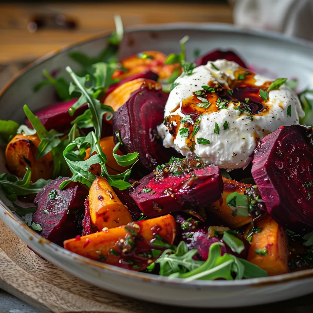 Eye-level shot of a vibrant roasted vegetable salad topped with creamy burrata and greens.