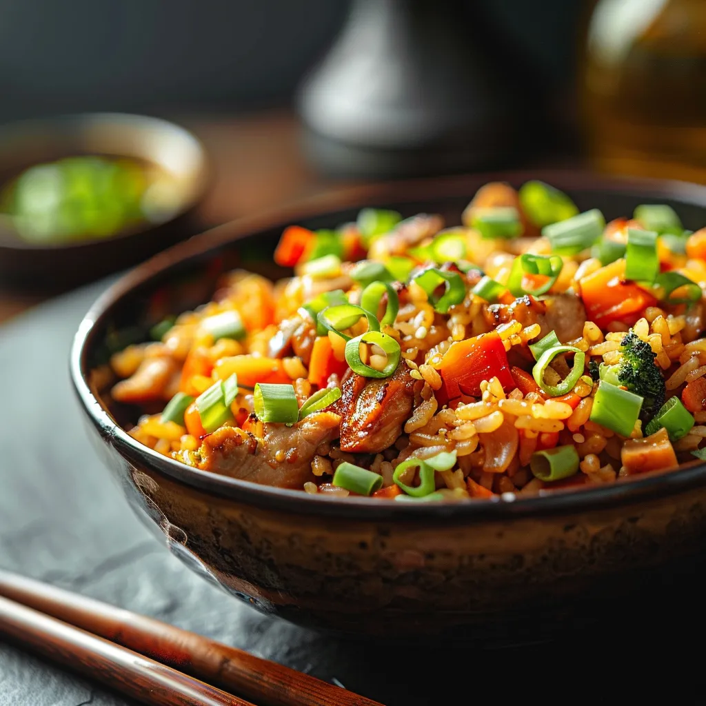 Detailed shot of a colorful dinner plate featuring sautéed vegetables, rice, and eggs, softly lit from the side.