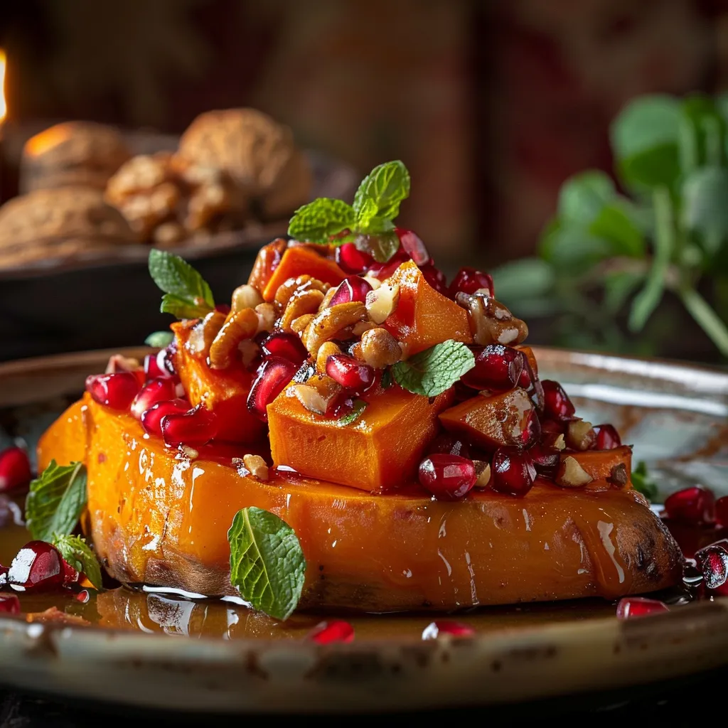 Eye-level shot of sweet potato halves garnished with pomegranate crunch and nuts, showcasing vibrant colors and detailed textures.