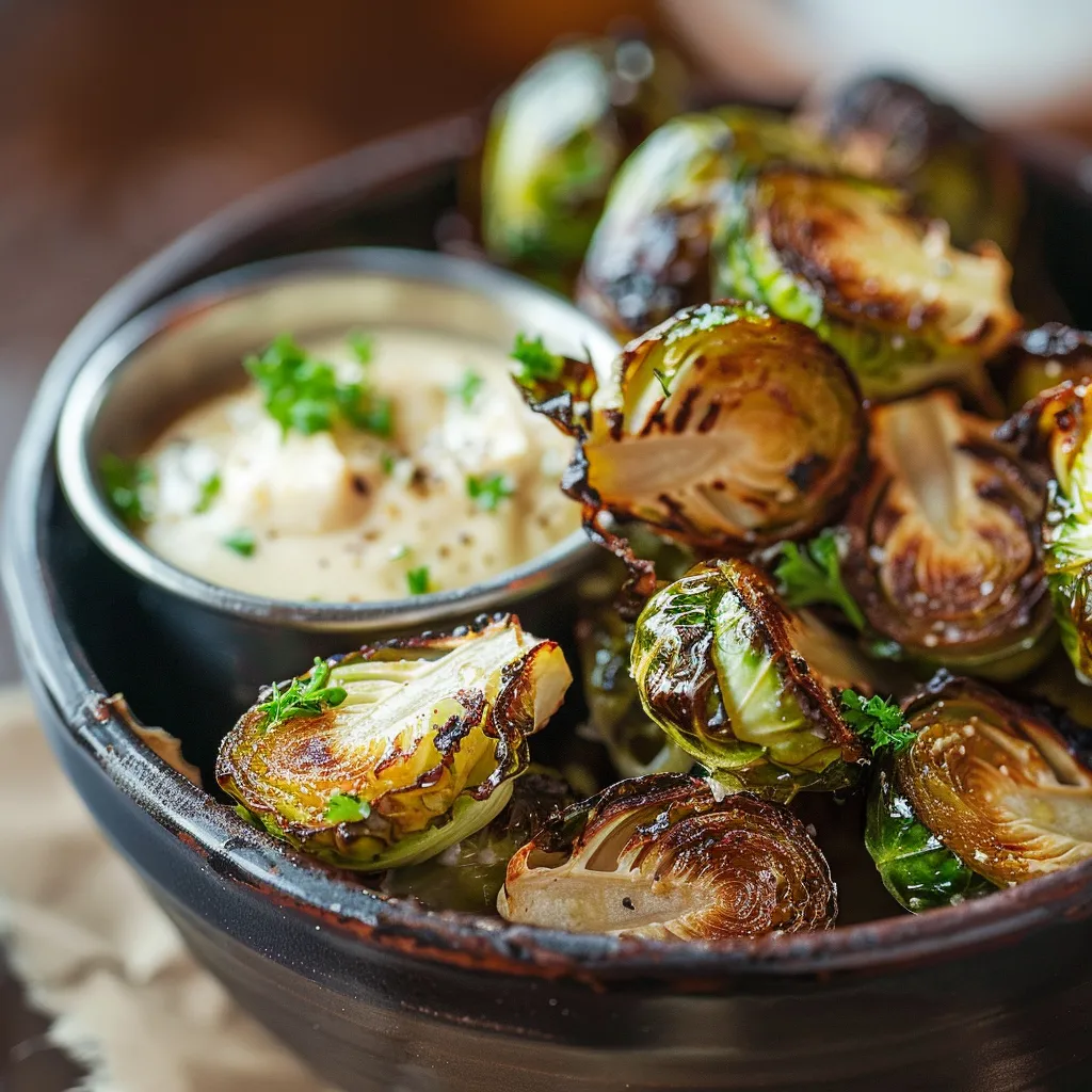 Close-up of golden, crispy Brussels Sprouts served with creamy Dijon Aioli, styled with warm, inviting light.