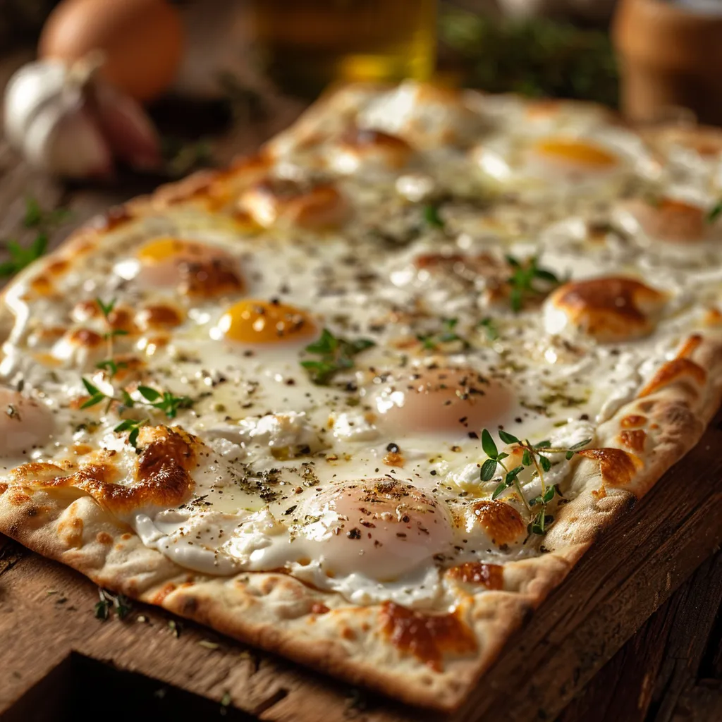 Eye-level shot of flavorful cottage cheese flatbreads garnished and freshly baked.