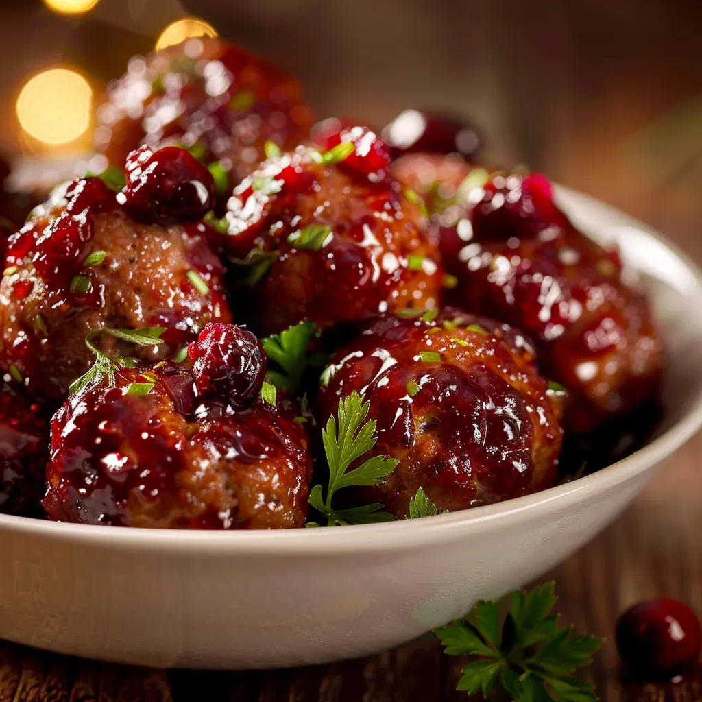 Delicious meatballs glazed with vibrant cranberry sauce, ready to serve.