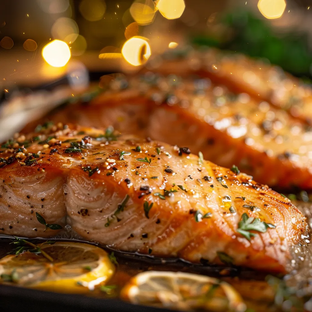 Close-up of cooked salmon with herbs and lemon on a plate.
