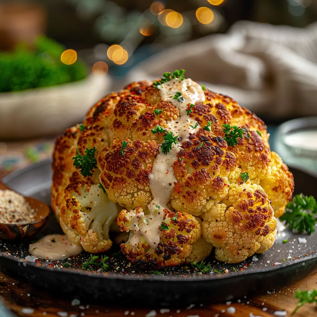 Close-up of a roasted cauliflower head topped with tahini sauce and garnished with parsley.
