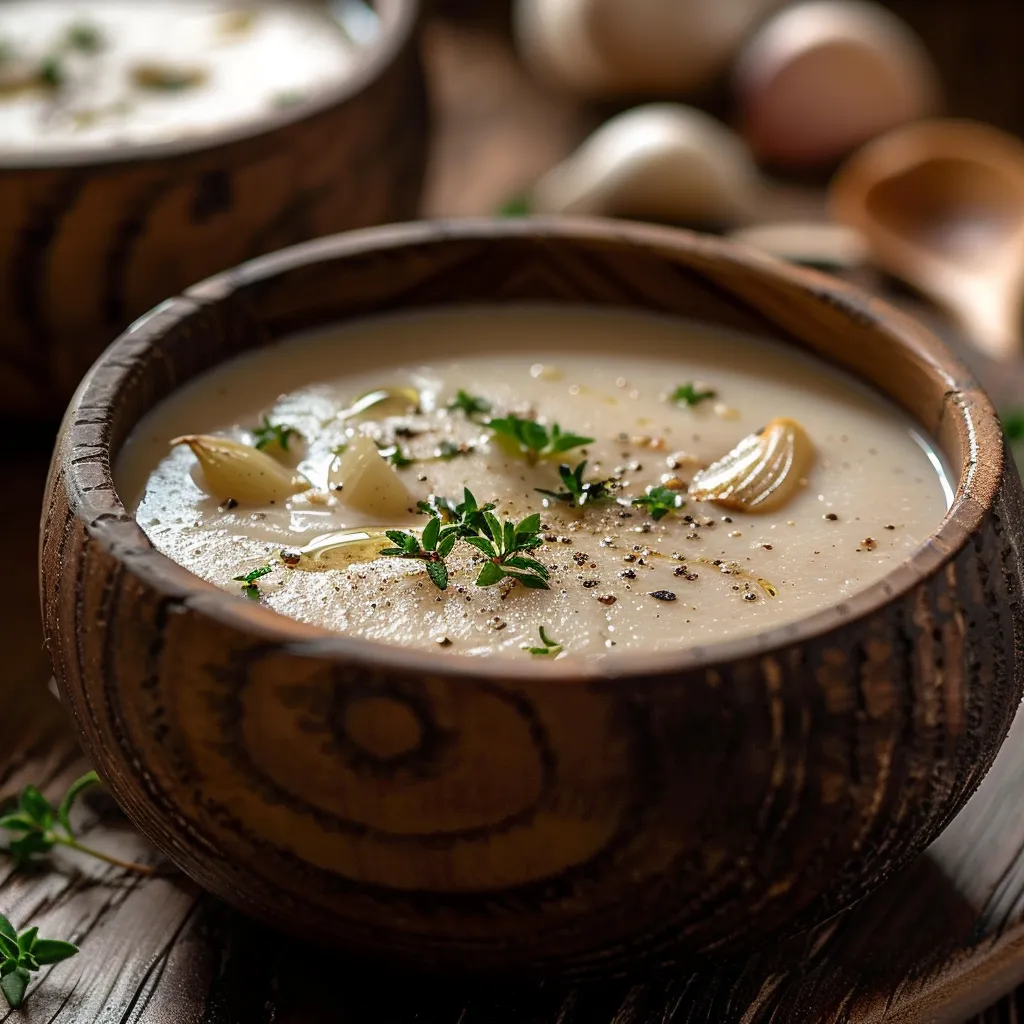Eye-level shot of warm, smooth garlic soup in a rustic bowl, highlighting its texture.