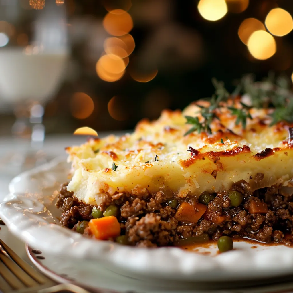 Eye-level shot of a hearty shepherd's pie with a golden crust, surrounded by festive holiday decor.
