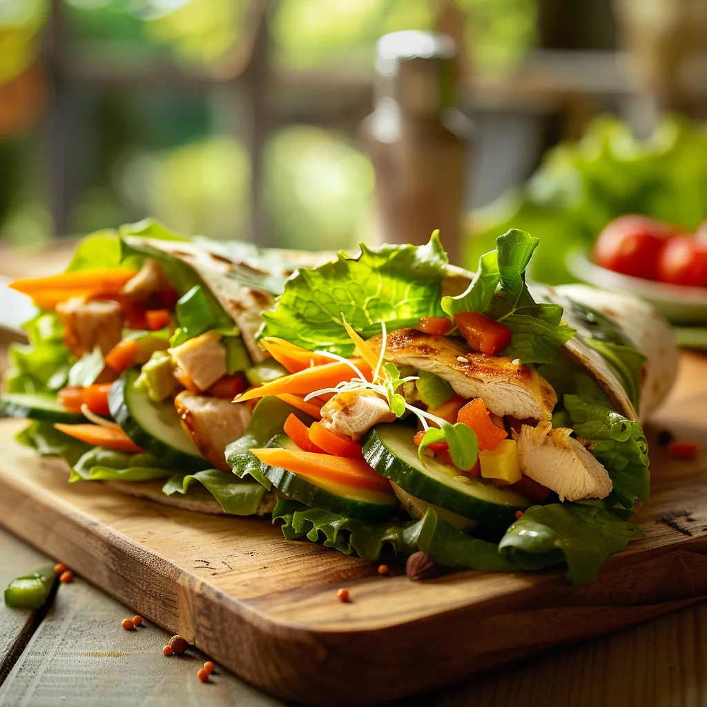 Gourmet food shot featuring a colorful, nutritious wrap with vibrant ingredients.