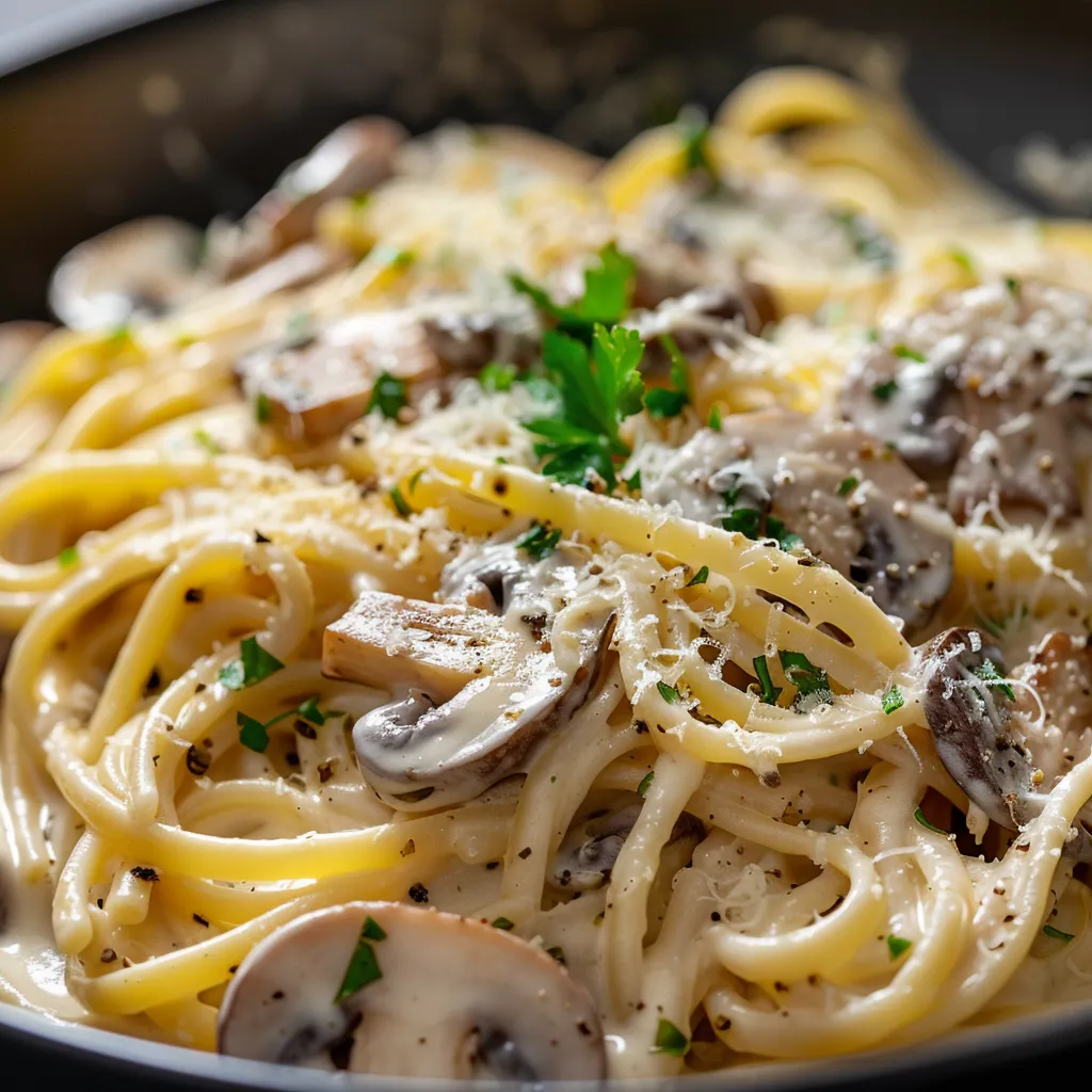 Eye-level shot of rich mushroom pasta in a bowl.